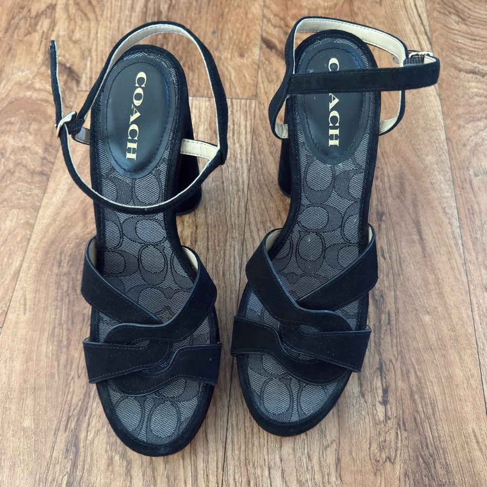 Coach Black Suede Ankle-Strap Platform Sandals